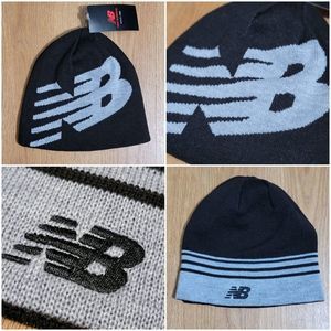 New Balance Athletics Reversible Cable Knit Beanie Hat Unisex Black Gray 2 in 1